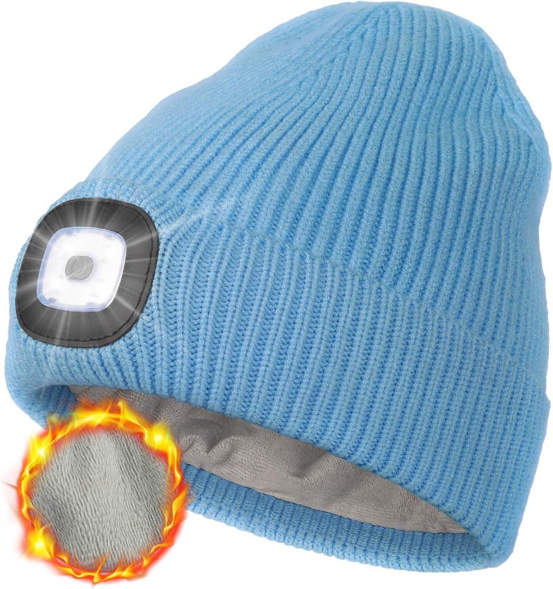MELASA Winter Fleece Lined LED Beanie, USB Rechargeable Hand Free Warm Hat with Light Built in, Gifts for Men Dad Husband Him - Image 1